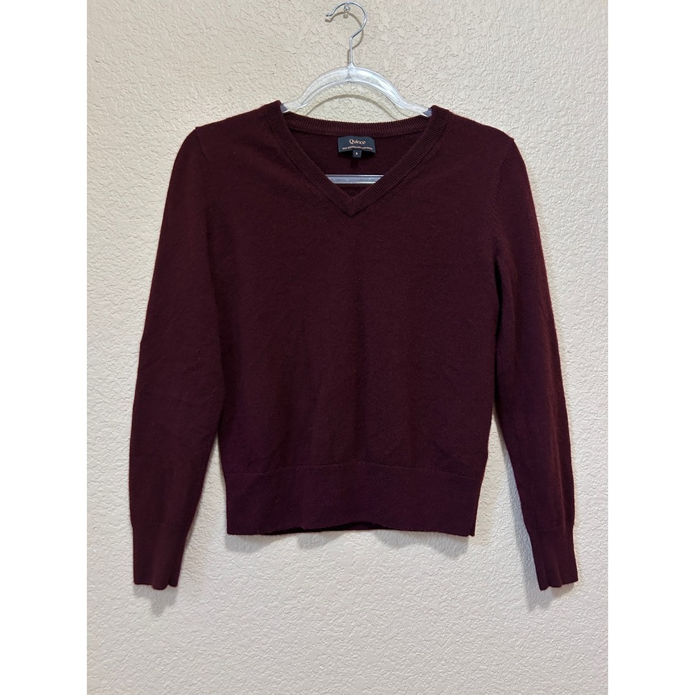 Quince Size S 100% Mongolian Cashmere V-Neck Sweater Burgundy Wine Luxe Knit